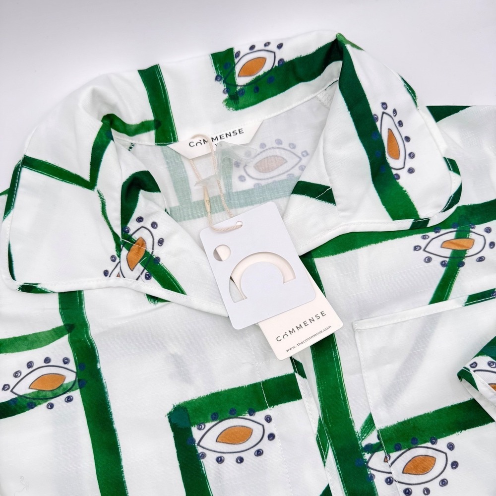 Commense Women XS Green White Geometric Eye Print Short Sleeve Button Down Shirt